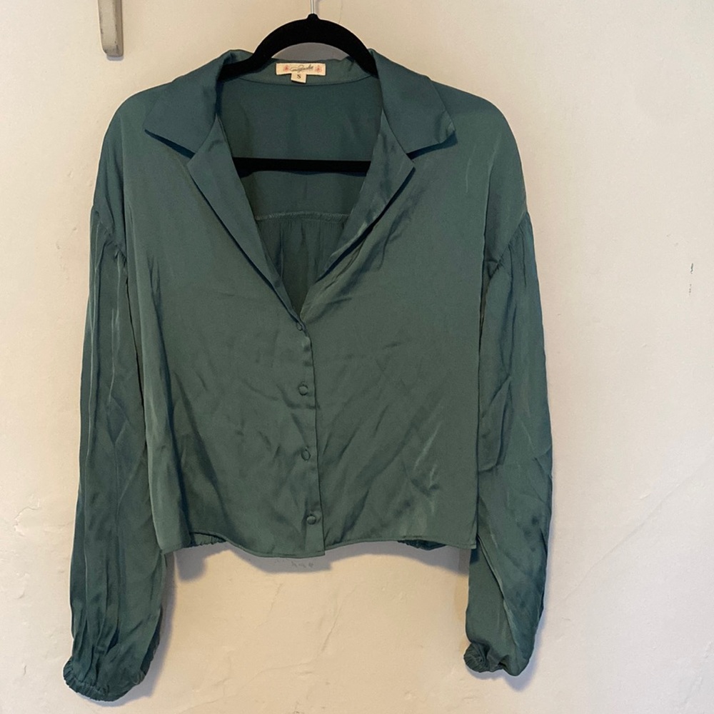 Silky button down blue-green blouse